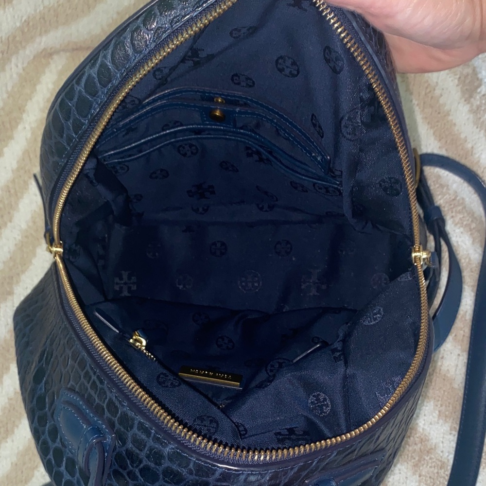 Tory Burch Navy Croc-Embossed Backpack - Picture 4 of 7